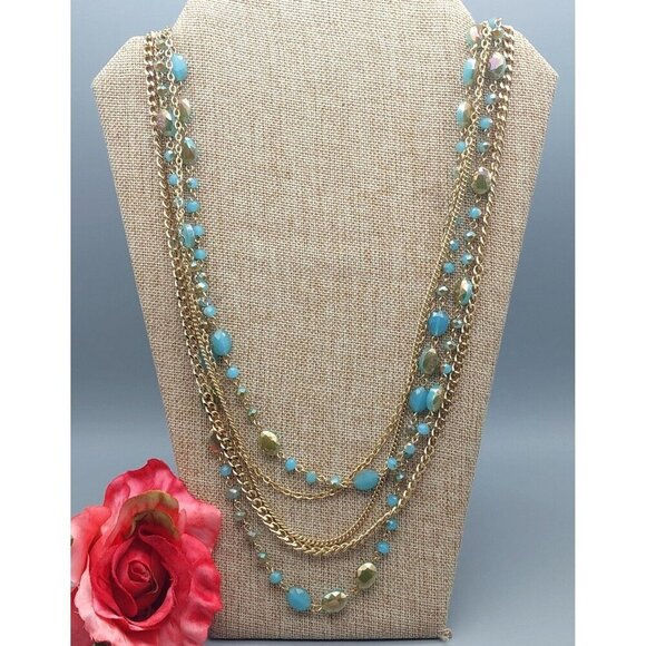 Premier Designs Gold Tone Multi Chain & Blue AB Wash Beaded Convertible Necklace - Picture 3 of 12